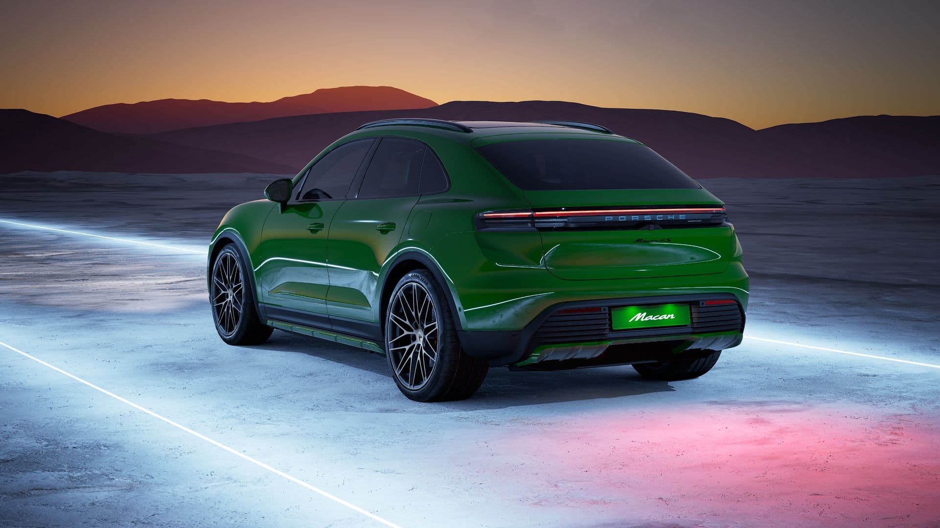Exterior view of Macan 4S Electric showing the back and left side of the car