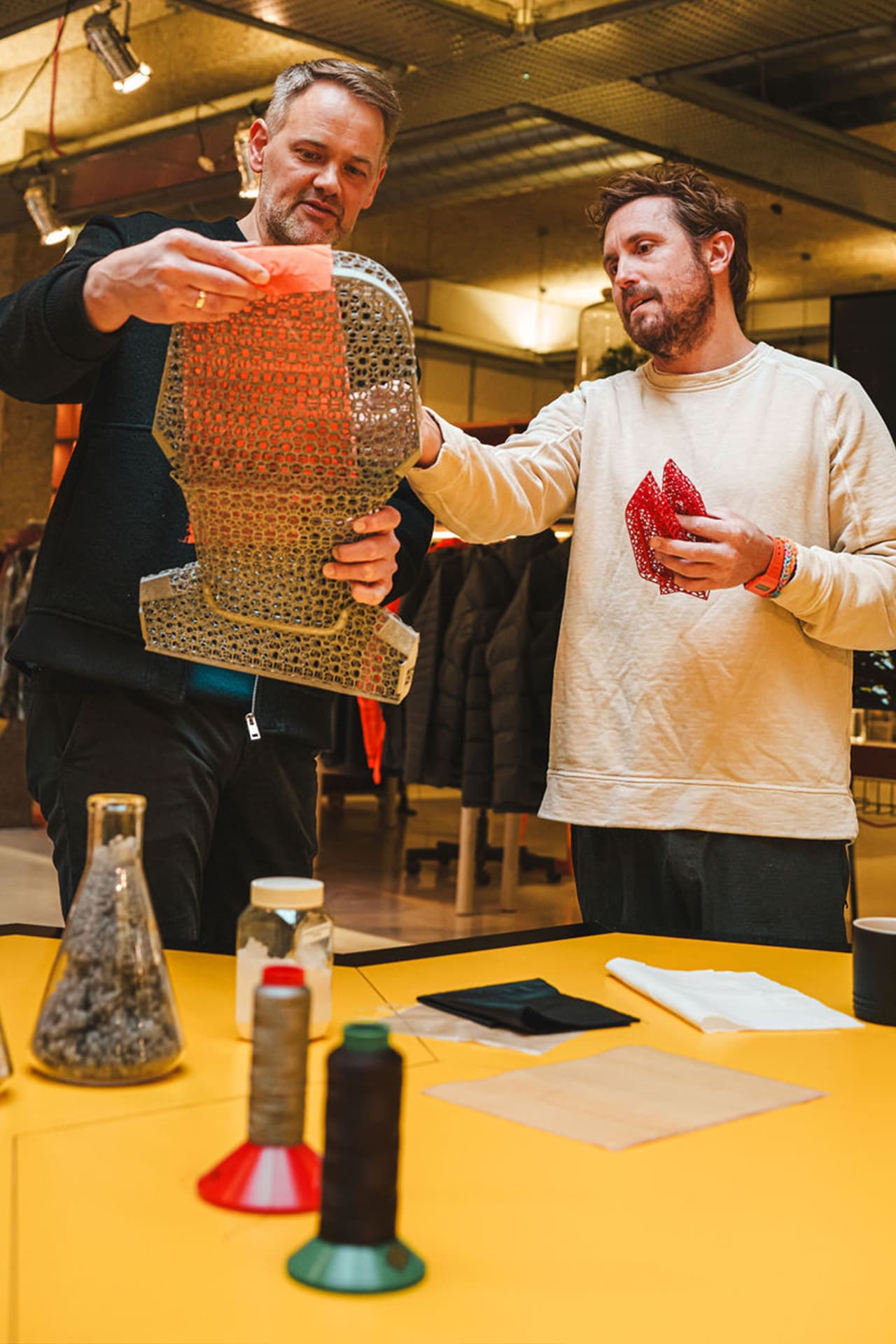 Nick Tidball (Co-Founder, Vollebak) with Doeke de Walle (Manager, Advanced Interior Design) checking inspirational material.